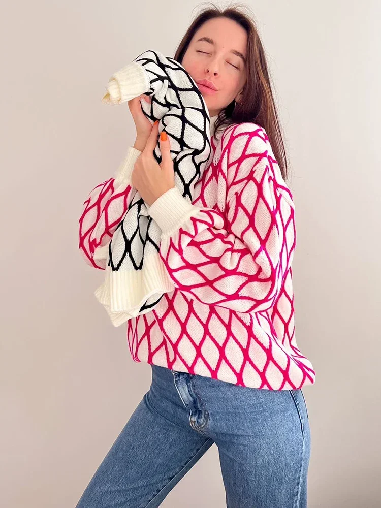 Зимний женский свитер с высоким воротником в клетку толстые теплые вязаные