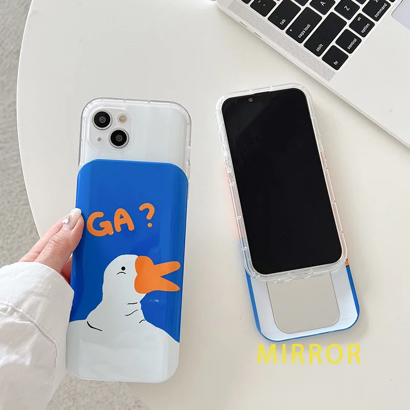 

Cute Cartoon Duck Cat Phone Case For iphone 11 12 13 14 Pro Max Funda 12Pro Slide Cover Mirror 2 In 1 Soft TPU Shockproof Coque