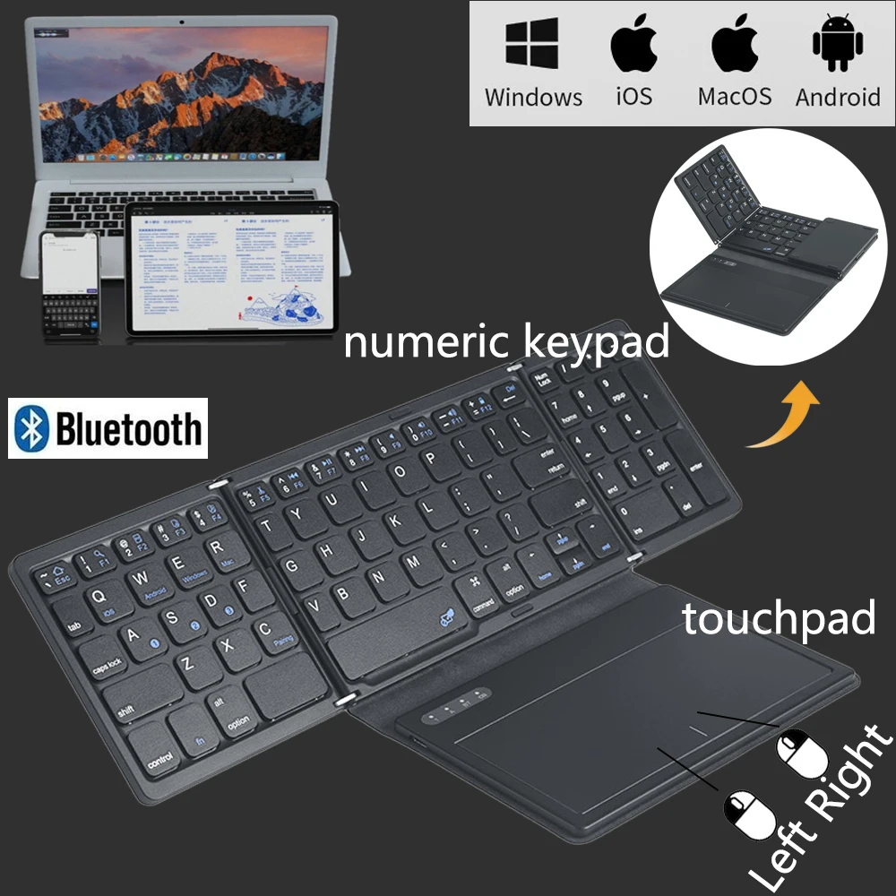 휴대용 접이식 키보드  2023 휴대용 무선 접이식 블루투스 키보드, IOS 안드로이드 윈도우 패드 태블릿용, 터치 패드와 통합 