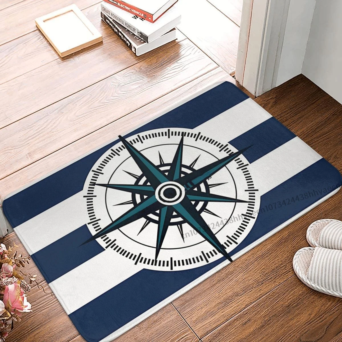 

Ocean Compass Bathroom Non-Slip Carpet Summer Beach Nautical Stripes Compass Bedroom Mat Entrance Door Doormat Floor Decor Rug