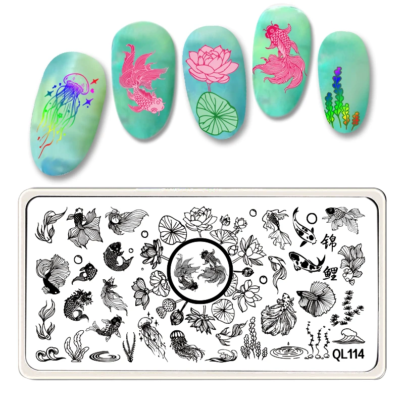 Летняя тема Золотой рыбка Карп дизайн штамповки пластины Лотос корень ногтей