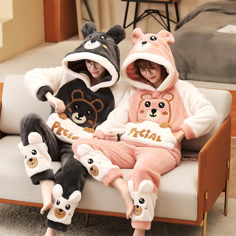 Anime Couple Pajamas Set Women Men Cartoon Bear Hoodies Korean Pyjamas Winter Thicken Warm Sleepwear Lovers Homewear