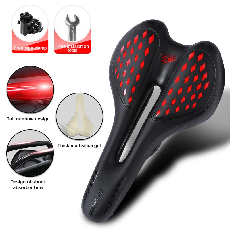 

Rubber Bike Saddle With Light Dual Shock Absorbing Mountain Bicycle Cushion MTB Pad Comfortable Breathable Hollow MTB Road Seat