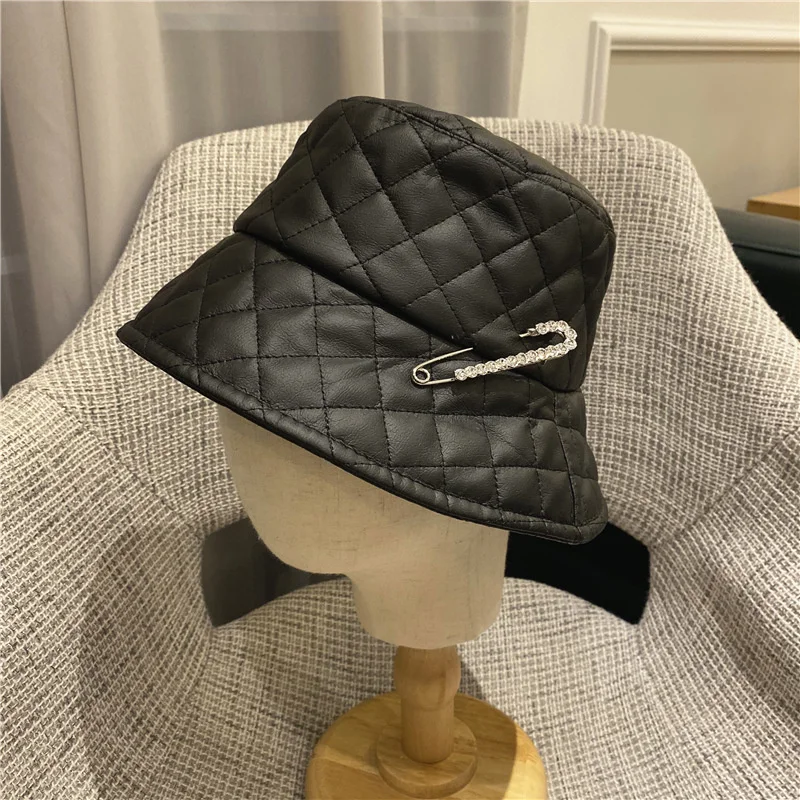

Autumn Winter Hat Women Diamond-studded Fisherman Korean Version Wild Pu Soft Leather Punk Pin Bucket Designer