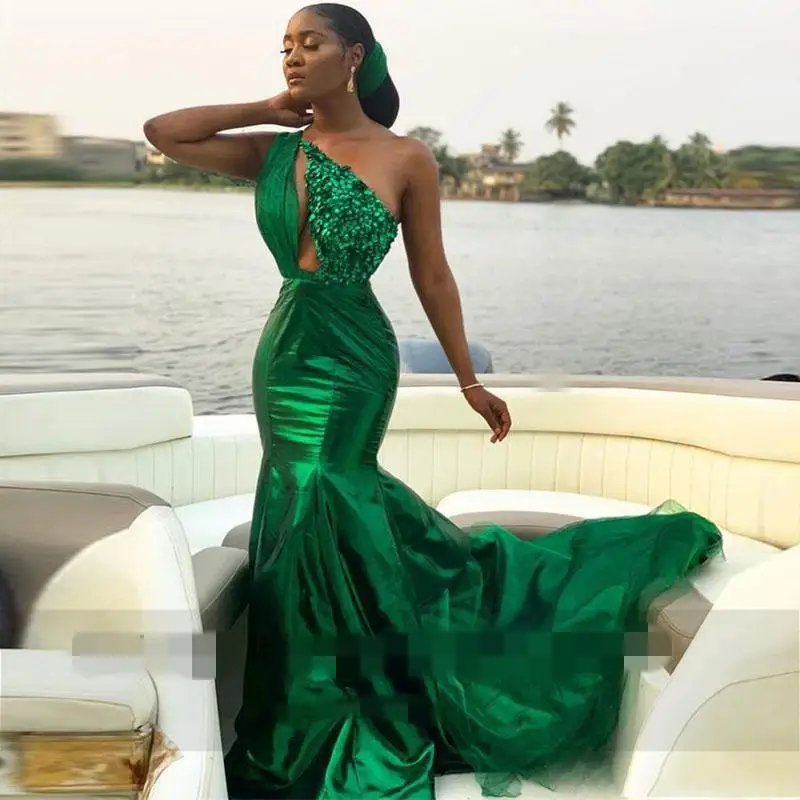 

Glaring Sexy Green One Shoulder Mermaid Evening Dresses Sequined Sweep Train Satin Tulle Plus Size Prom Gowns Vestidos De Gala