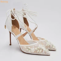 white air mesh flower sandals pearl string bead wedding shoes pointed toe thin heel women sandals cover heel ankle strap shoes