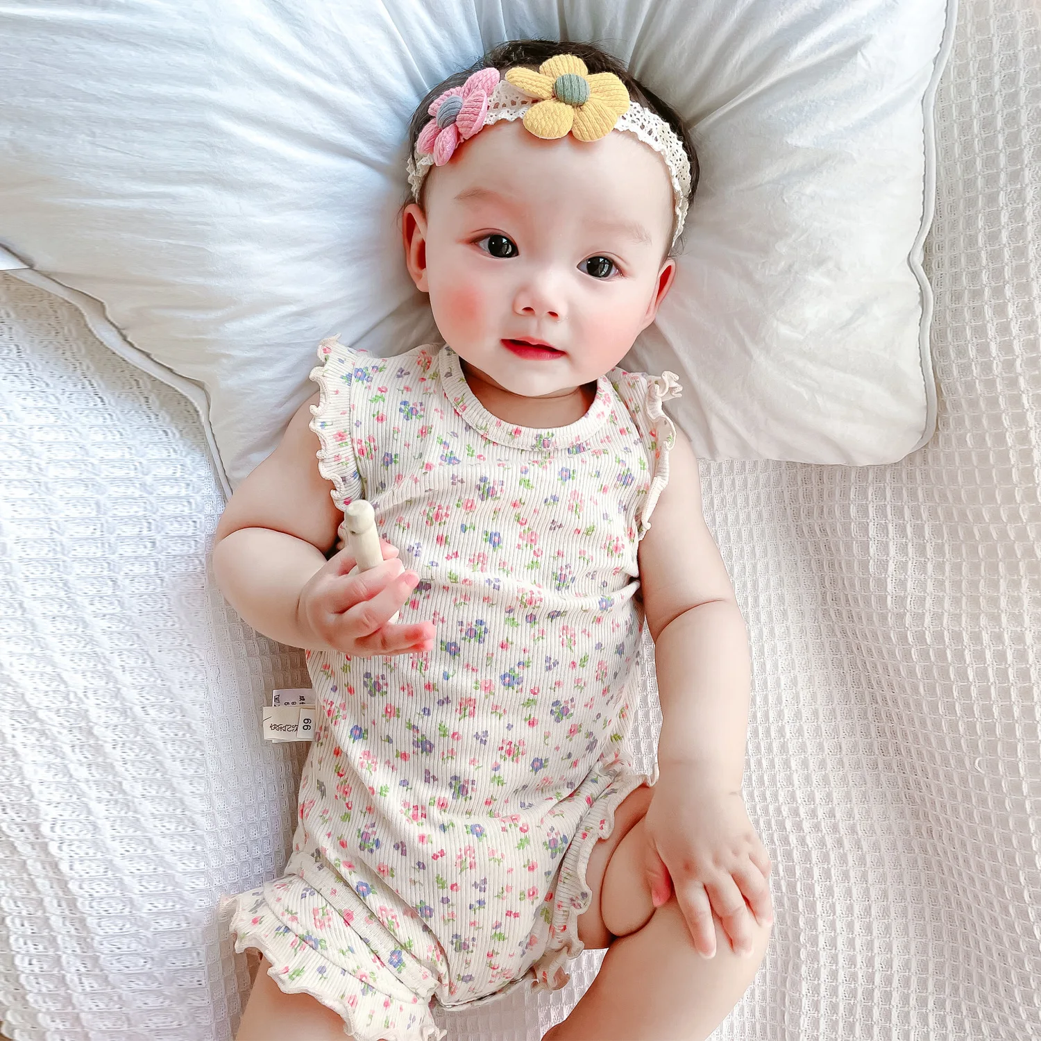 2Piece Set Baby One Piece Bodysuit  Summer Floral Stripe Elastic Fabric Romper + Shorts Suit Simple Sleeveless  Clothes