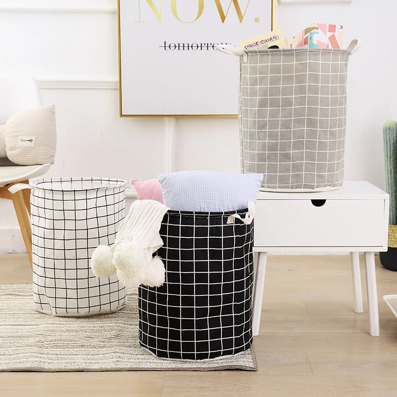 Large Capacity Storage Home Cotton Linen Dirty Laundry Basket Foldable Round Bucket Clothing Children Toy Waterproof Organizer