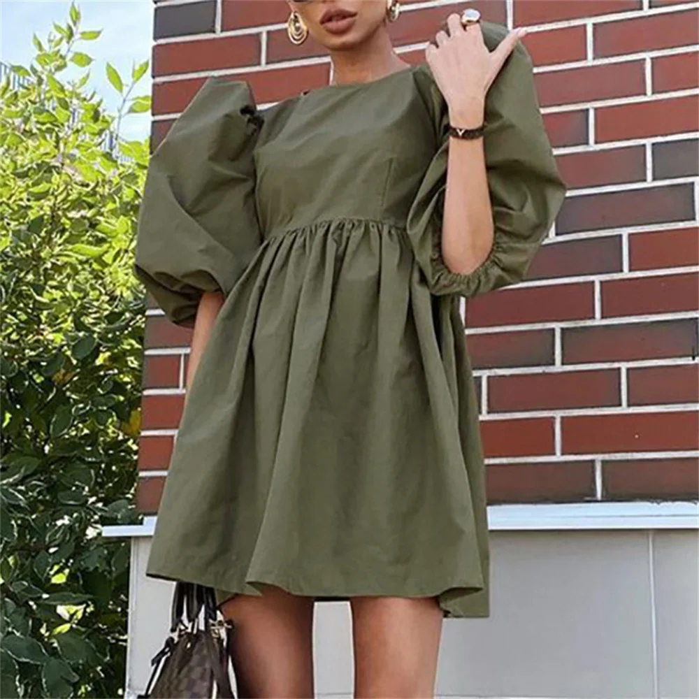 

Casual Loose Mini Dresses For Women 2022 Summer Puff Short Sleeve O-neck Pure Color Dress Khaki Blue Green A-line Robe Femme