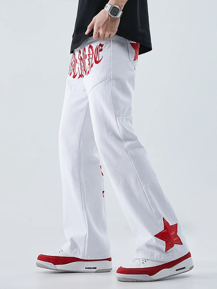 Four Seasons Men's Jeans American Trend Embroidered Letters Wide Leg Street Pants Trendy Fashion Streetwear Men's Ins Hot Sale
