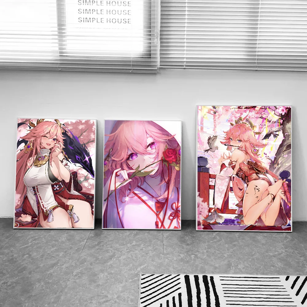 Игра аниме Genshin Impact Yae Miko постеры наклейки для гостиной спальни входа кафе