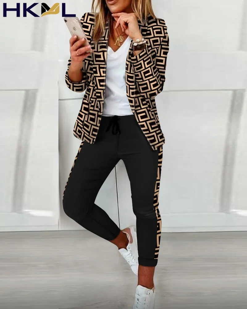 

Women Two Piece Suit Colorblock Letter Print Blazer Coat & Drawstring Pants Set Autumn Streetwear 2PCS