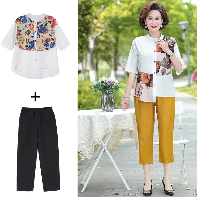 

Female Office Suit Set Asymmetrical Print Shirt Tops + Irregular Pants Suits Womens Summer Patchwork Casual 2 Piece Sets