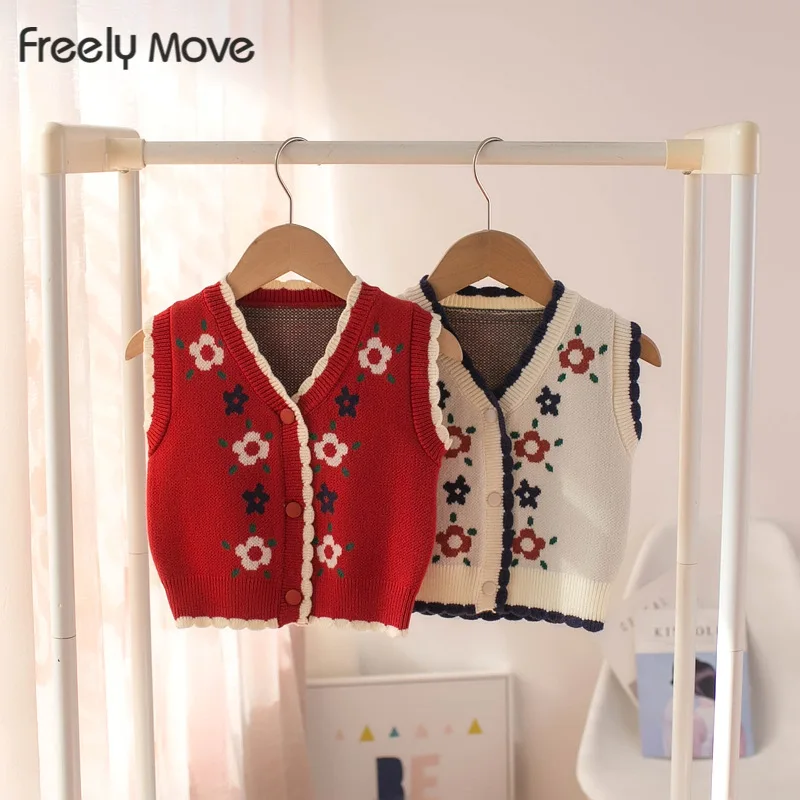 

Freely Move Toddler Baby Girl Knitted Vest Coat Kids Ruffles Jacquard V-neck Waistcoat New Girls Outwear Sleevveless Cardigan