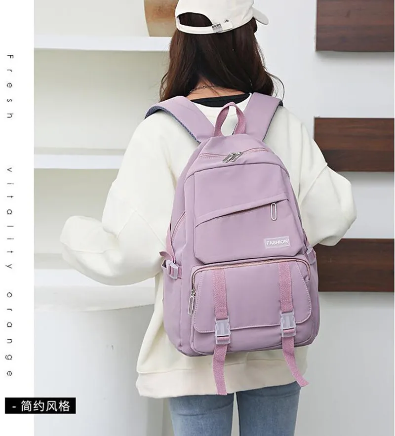 Fashion Women Strap School Bag High-Volume Junior High School Students School Bag Cute Lightweight Solid Color Laptop Bag