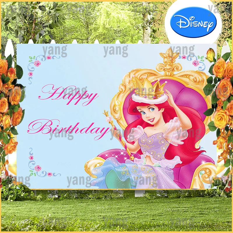 

Disney Golden Crowm Princess Party Beautiful Background The Little Mermaid Ariel Custom Backdrop Children's Birthday Decoration