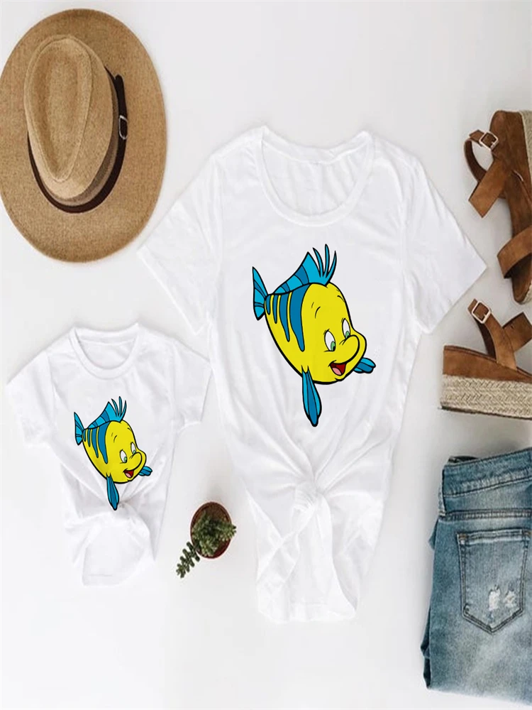 

Froude Pattern Fashion Dropship Disney White Family Look T Shirts Exquisite The Little Mermaid Series Print Parent Child Outfits