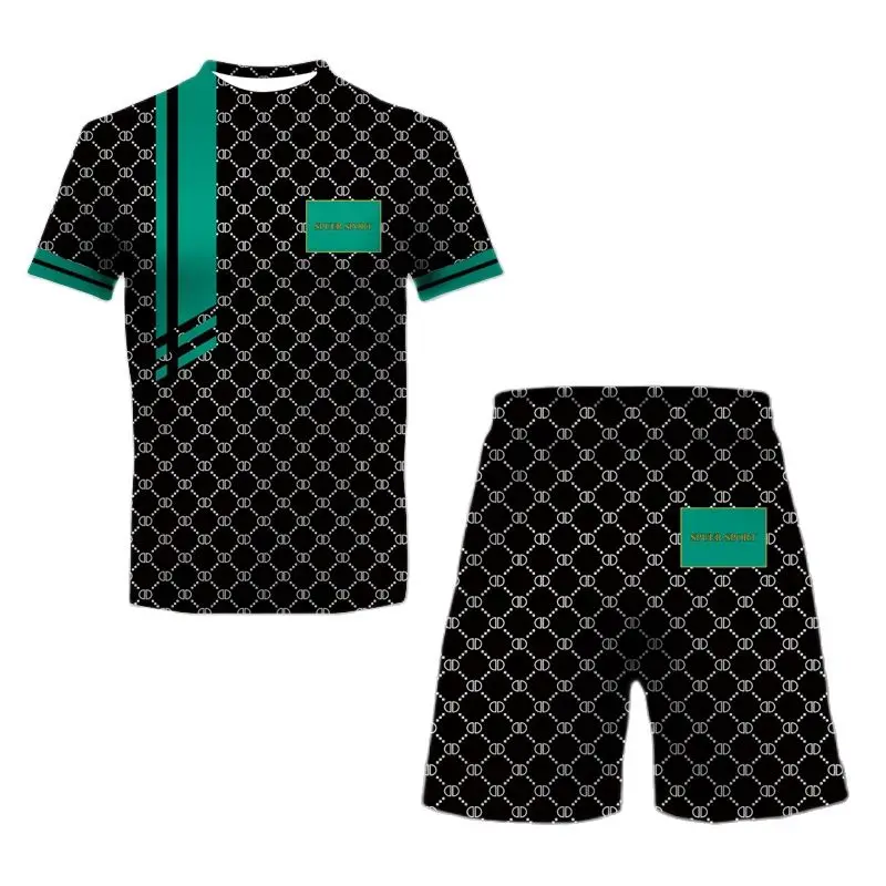 

2023 Men Spring And Summer New 3D Pattern Printed Round Neck Short Sleeve Casual Shorts Two Piece Polyester Material Fashion Set