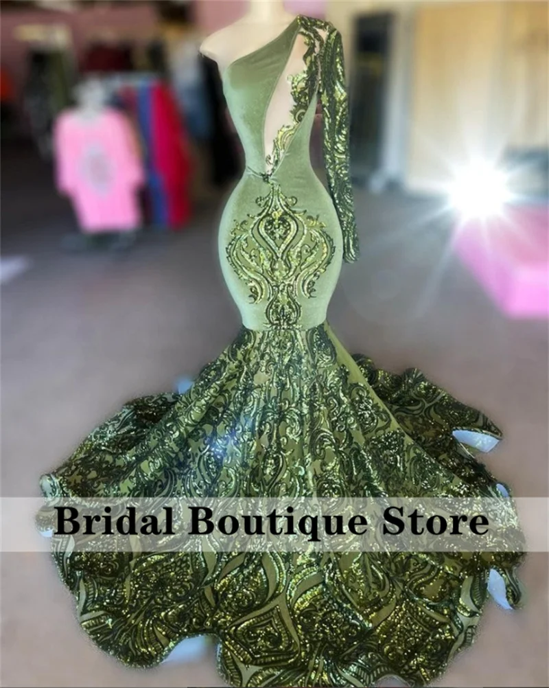 

Sparkly Green Sequins Mermaid Long Prom Dresses 2023 One Shoulder Sexy Party Gowns For Black Girls Robe De Bal Custom