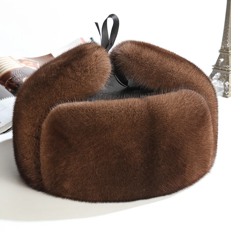 Mink Fur Hat Bomber Hats Winter 100% Real Fur Hat For Men Wool Fur Cap With Ear Protect Russion Hat Warm Cap With Ear Flaps