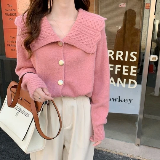 

Pink Solid Color Lady Knitting Girl Woman Blouse Shirt Women Sweater Cardigan Knit Fall Tops Women's Sweaters Coat Cloth Suétere