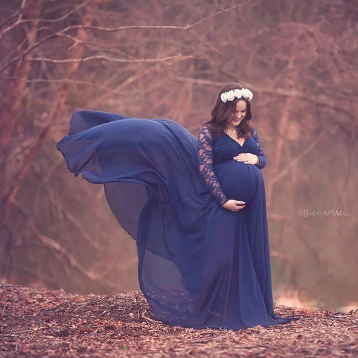 

European and American long sleeved lace stitching pregnant women's sexy loose tailed long dress 1113 pregnant women's dress