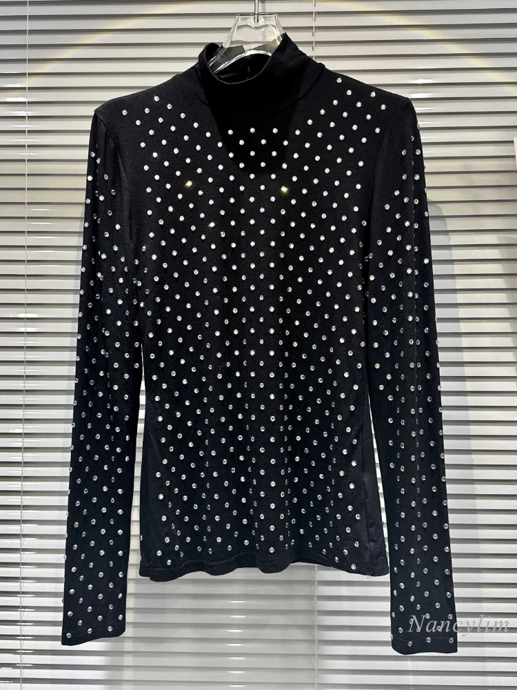 

2023 Autumn New Full Body Rhinestone Hot Drilling Heavy Industry High Elastic Long Sleeve T-shirt Women Turtleneck Tshirt Top