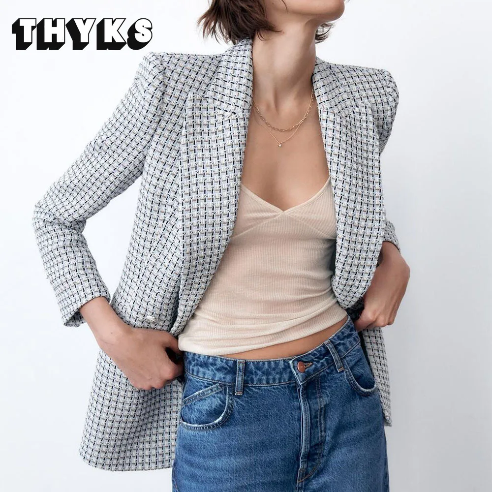 

New Women's Houndstooth Tweed Blazers Elegant Textured Double-breasted Blue Fall Jacket Office Plaid Coats Suit ZA Women 2022