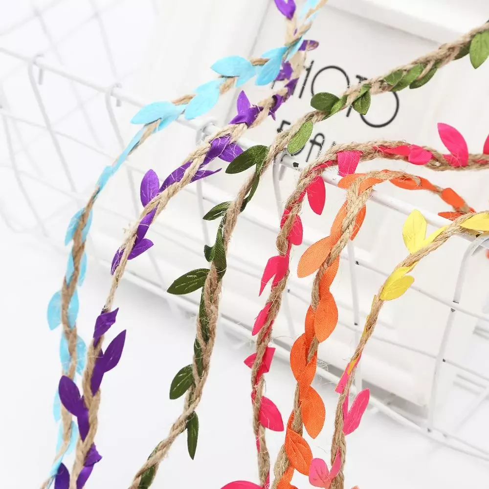 

5M Natural Jute Burlap Rattan Artificial Silk Green Leaves Jute Rope Lace Trim Rustic Hessian Leaf Garland for Wedding Home