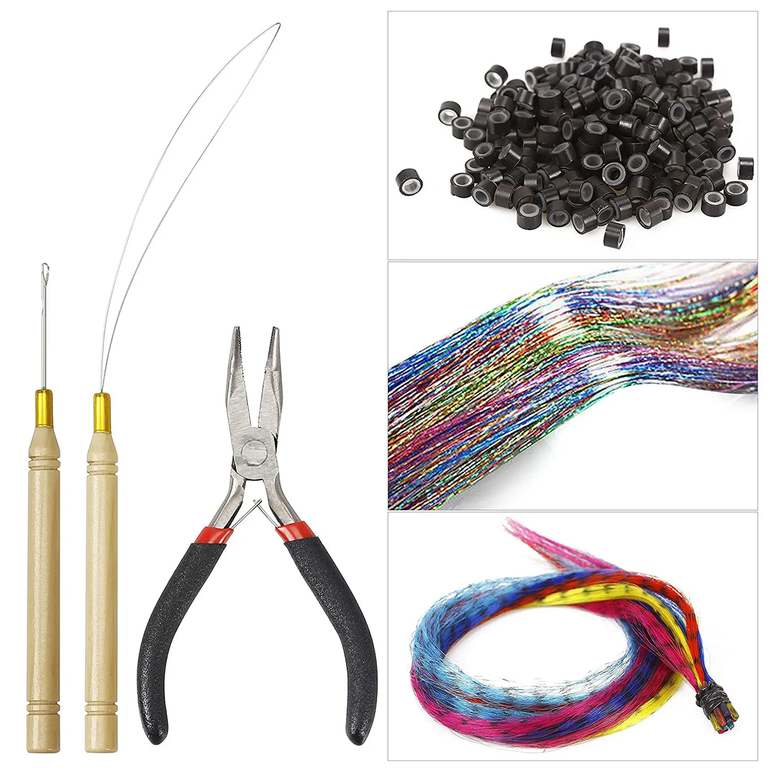 Alicates profesionales de Extensión de cabello, Kits de herramientas de gancho de tracción y abalorios con microanillos forrados de silicona 200