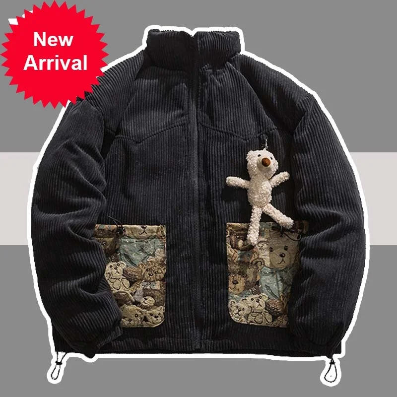 

Street Parkas Jacket Japanese Men Bear Pendant Patchwork Pocket Corduroy Down Coat Harajuku Cotton 2023 Oversize Winter Outwear