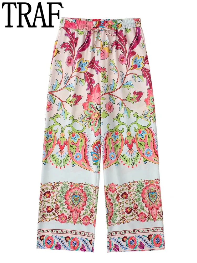 

TRAF Print Boho Pants For Women 2022 Floral Mid-Waist Woman Trousers Pyjama Baggy Summer Casual Pants Sets Beach Trousers Suit