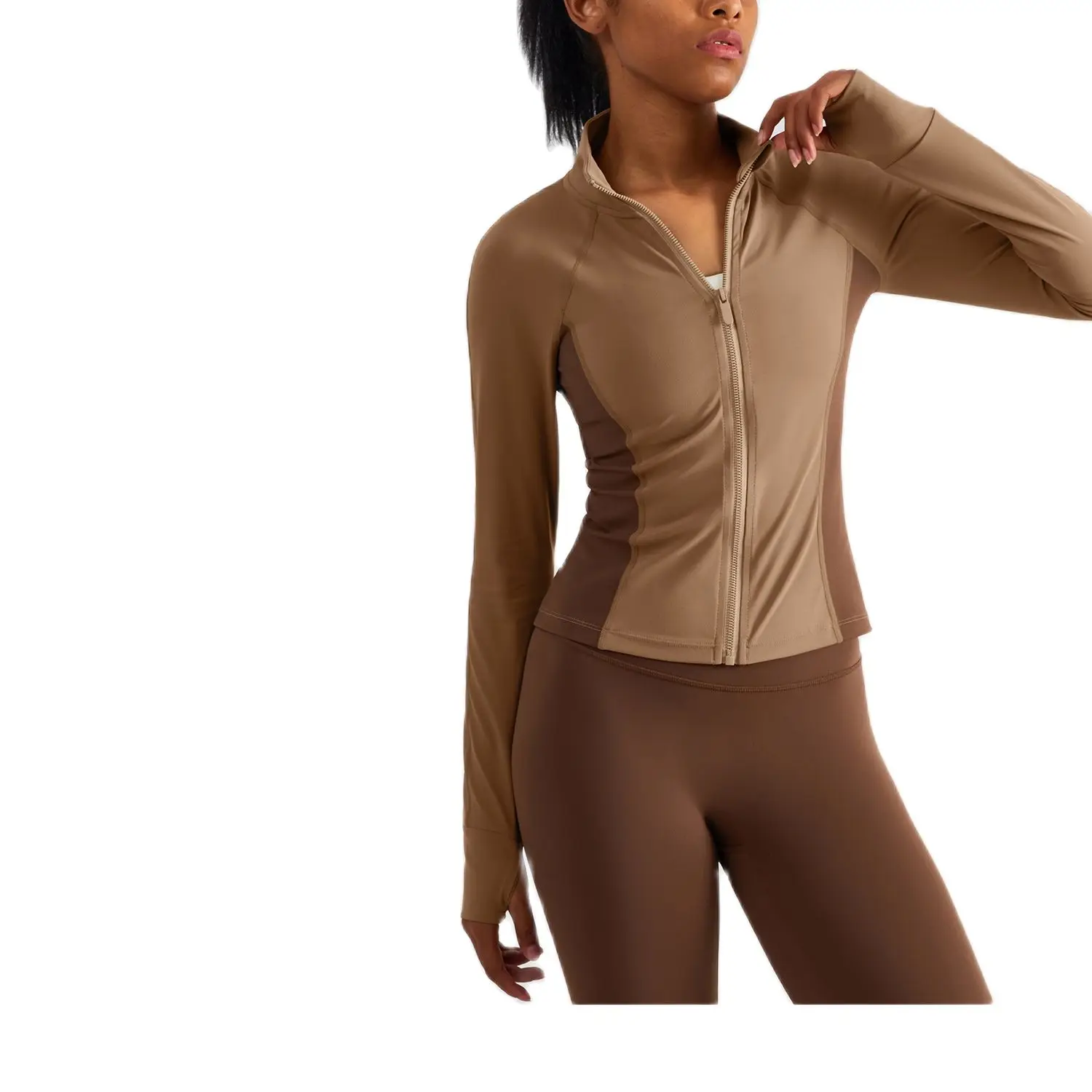 Solid Color Tights High Neck Stitching Fitness Women Sport Jacket Top Comprehensive Training Zipper Long Sleeve Yoga Coat Wear