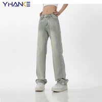 womens green jeans vintage washed multiple pockets wide leg pants casual street high waist baggy denim trouser ladies summer