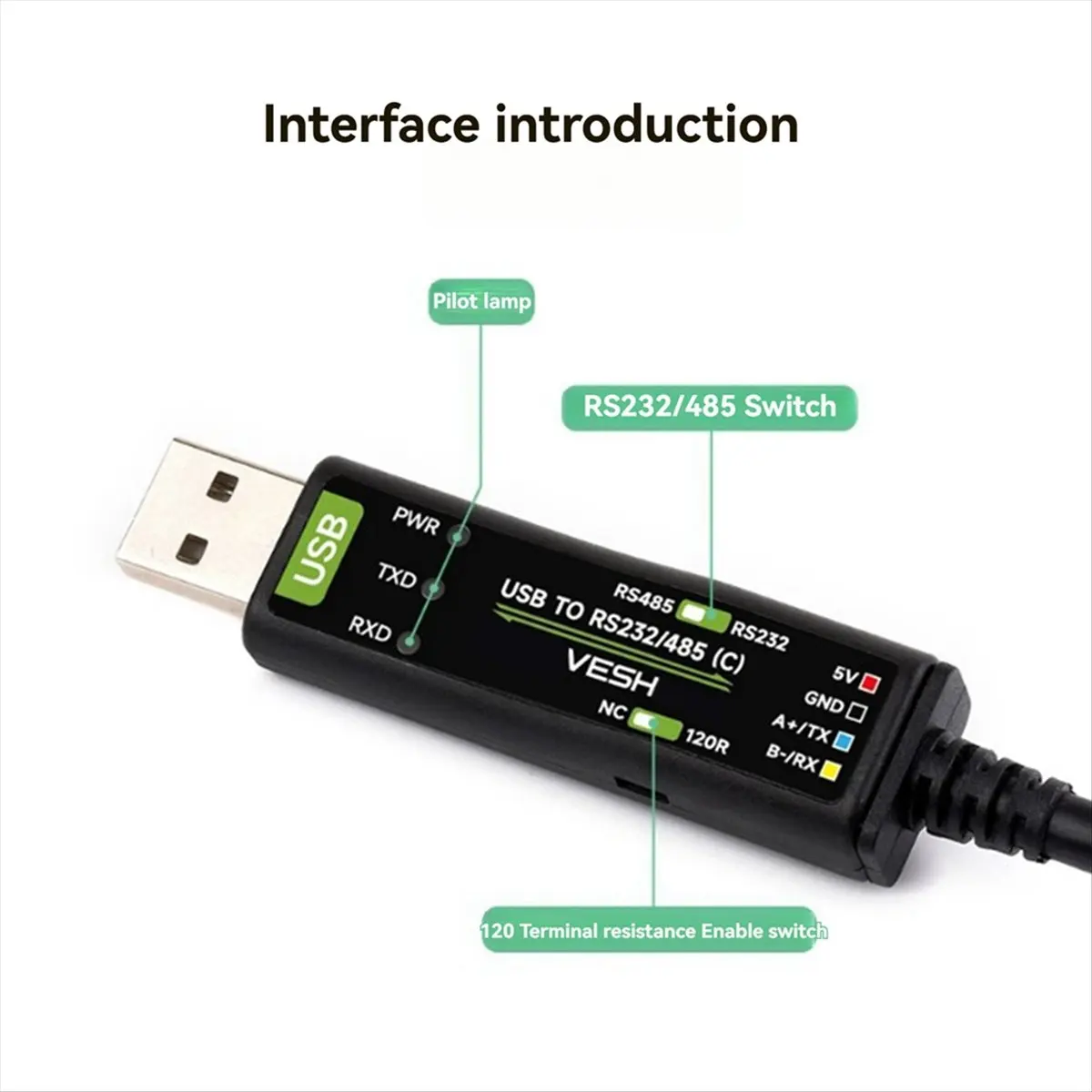 Фото Динамический USB-кабель RS232/485 с 4-контактным последовательным интерфейсом, встроенным индикатором питания и сигнала, на базе №5