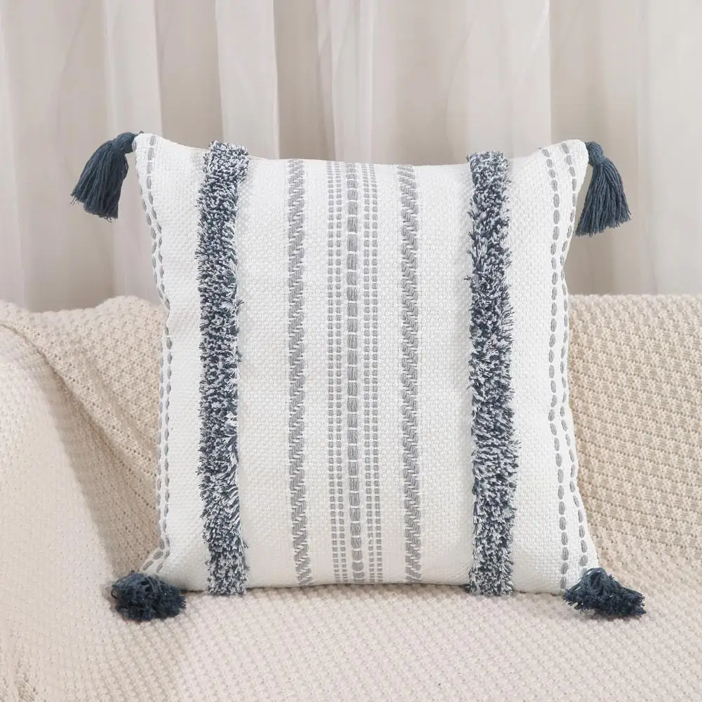 

Rectangle Ethnic Pillowcase Boho Farmhouse Decor Tufted Throw Pillow Case with Tassels Cotton Linen Sofa Bedroom for Modern