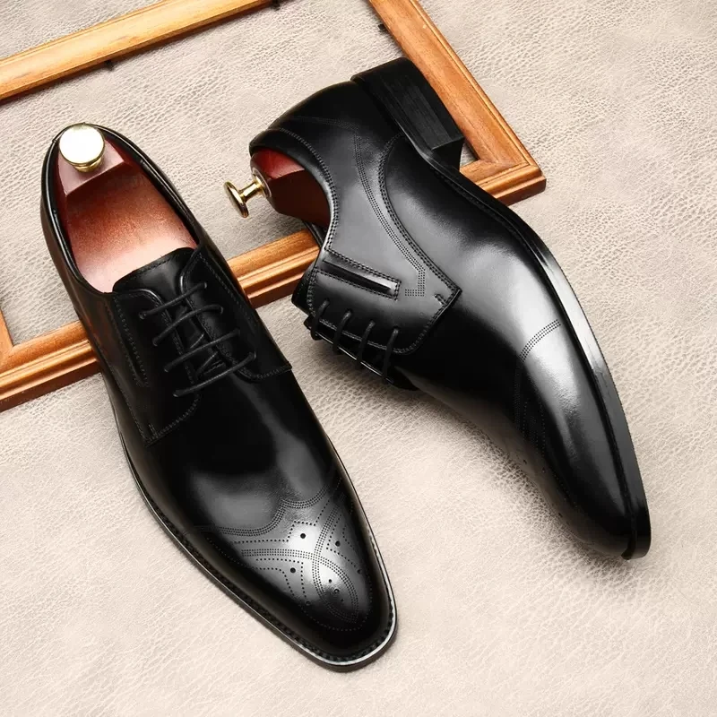 

Italian Mens Formal Shoes Genuine Leather Oxford Shoes For Men Black Brown Wedding Lace Up Square Head Brogues Dress Shoes