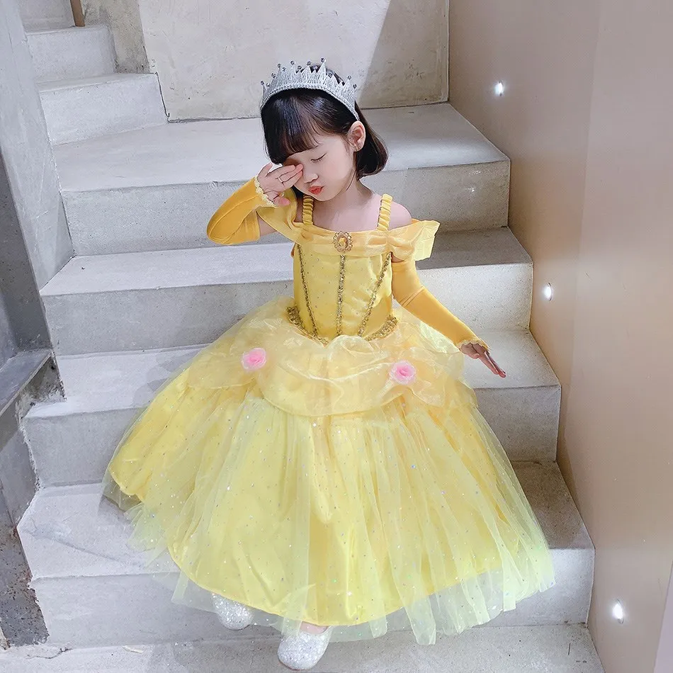 Belle Cosplay For Halloween Princess Dress Girl Dress For Beauty And The Beast Belle Costume Floral Dress Fluffy Skirt Childrean