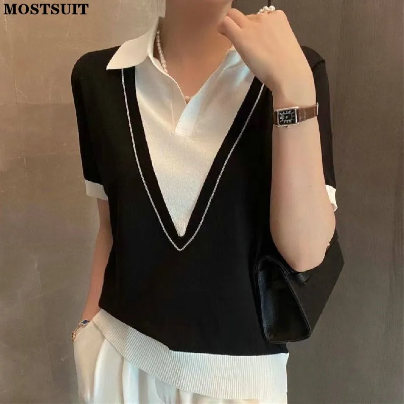 

Summer Fake Two Pieces Knitted Pullovers Women Short Sleeve Turn-down Collar T-shirts Tops Workwear Ol Fashion Female Jumpers