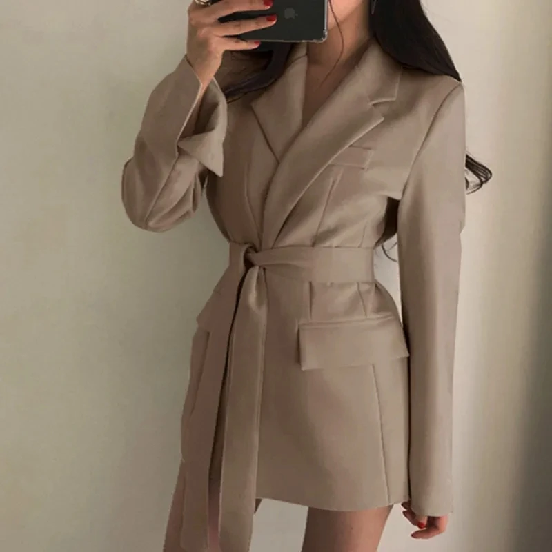 2023 New Women Long Outwear Jacket Sashes Fall OL Korean New Fashion Solid Blazers British Style Elegant Black Beige Blazer Coat