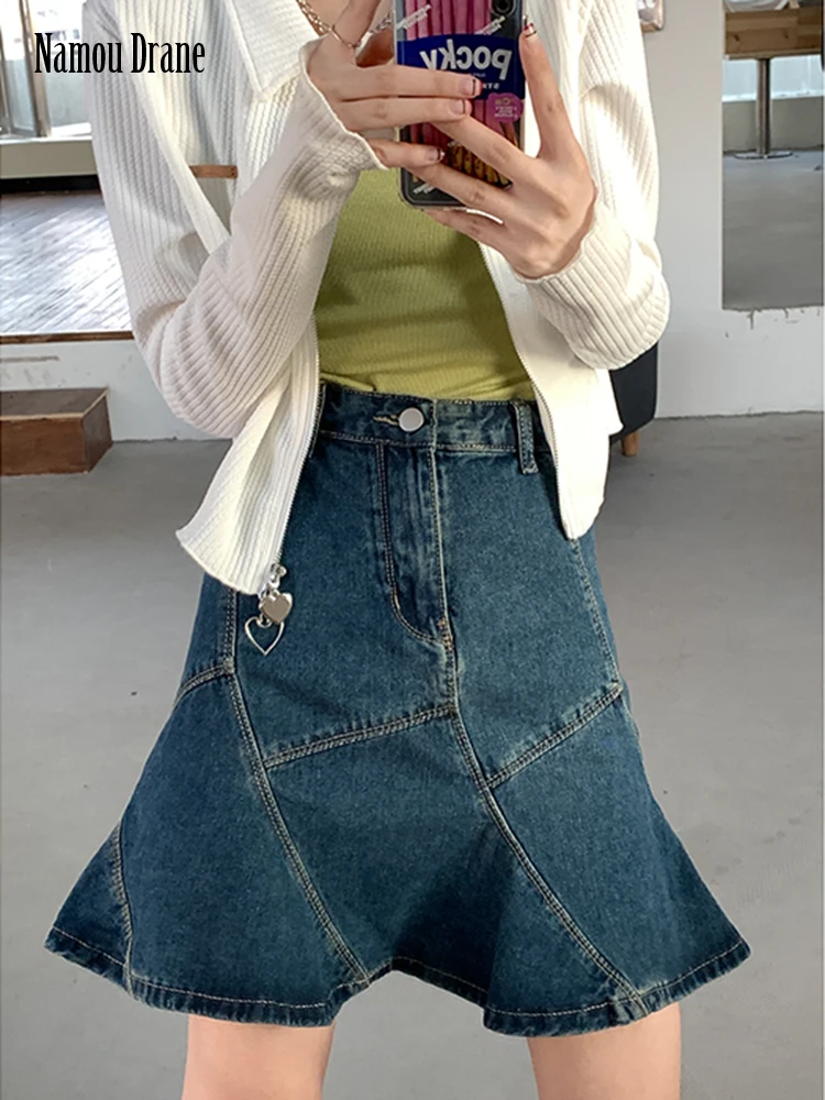 2022 Summer Vintage Blue Women Denim Trumpet Skirt Streetwear Style Casual Classic High Waist Ladies Shor Mermaid Jean Skirt