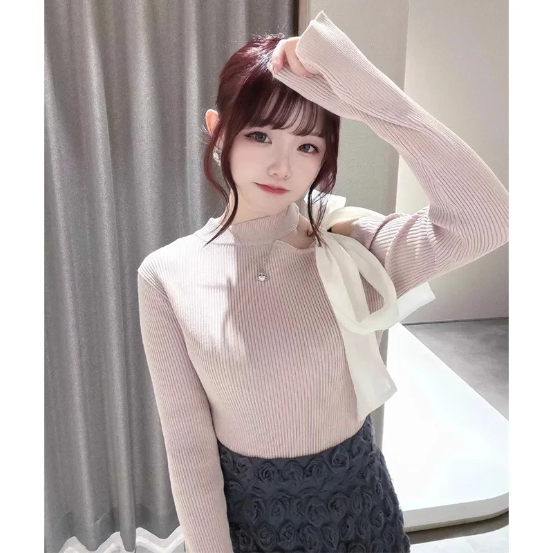 Осенние шикарные свитера в японском стиле с открытыми плечами и бантом на