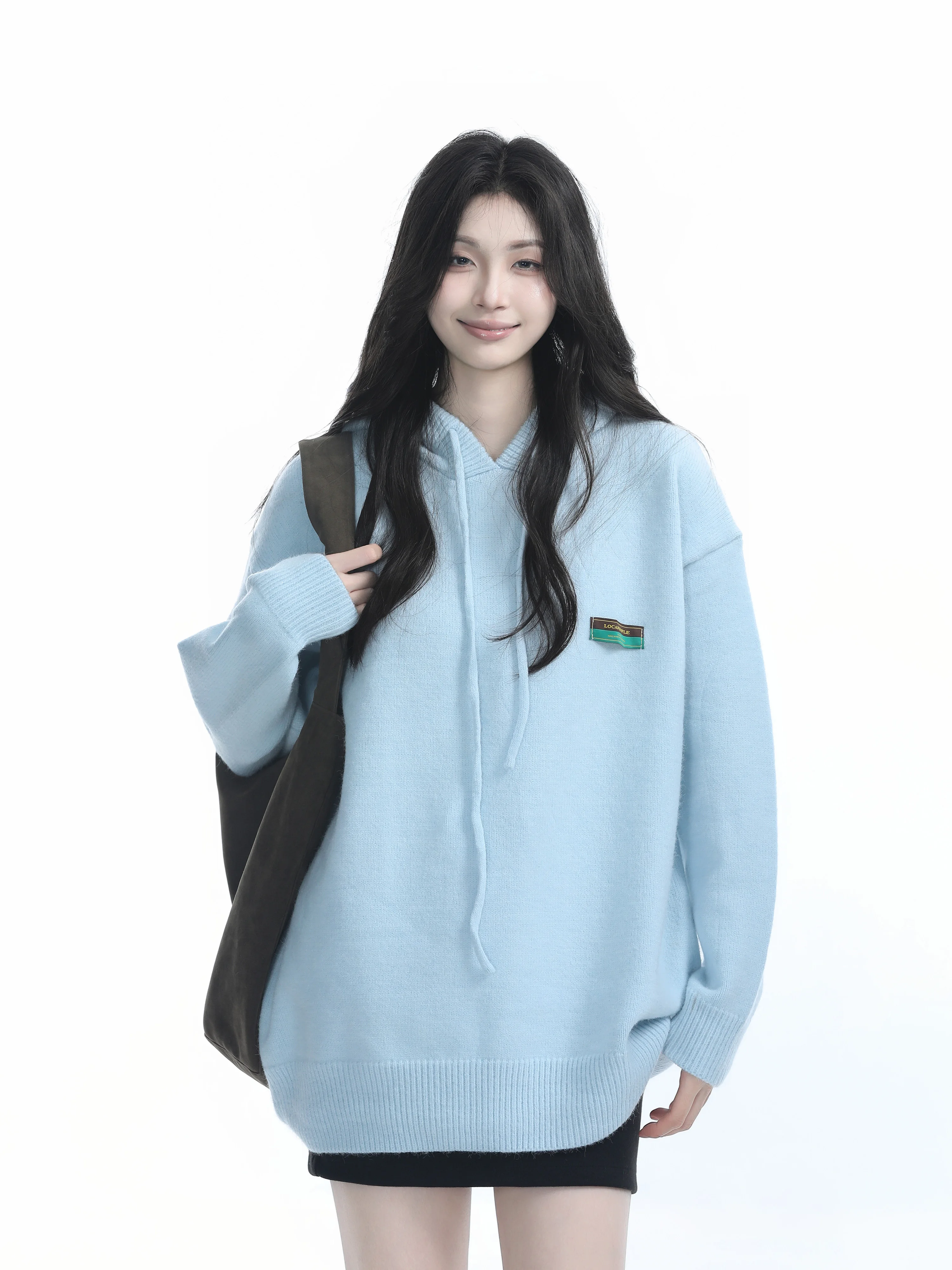 [Sitting on the Mountain] Autumn Light Blue Pullover Hood Sweater Women Design Loose Fashion Brand Knit Outerwear |