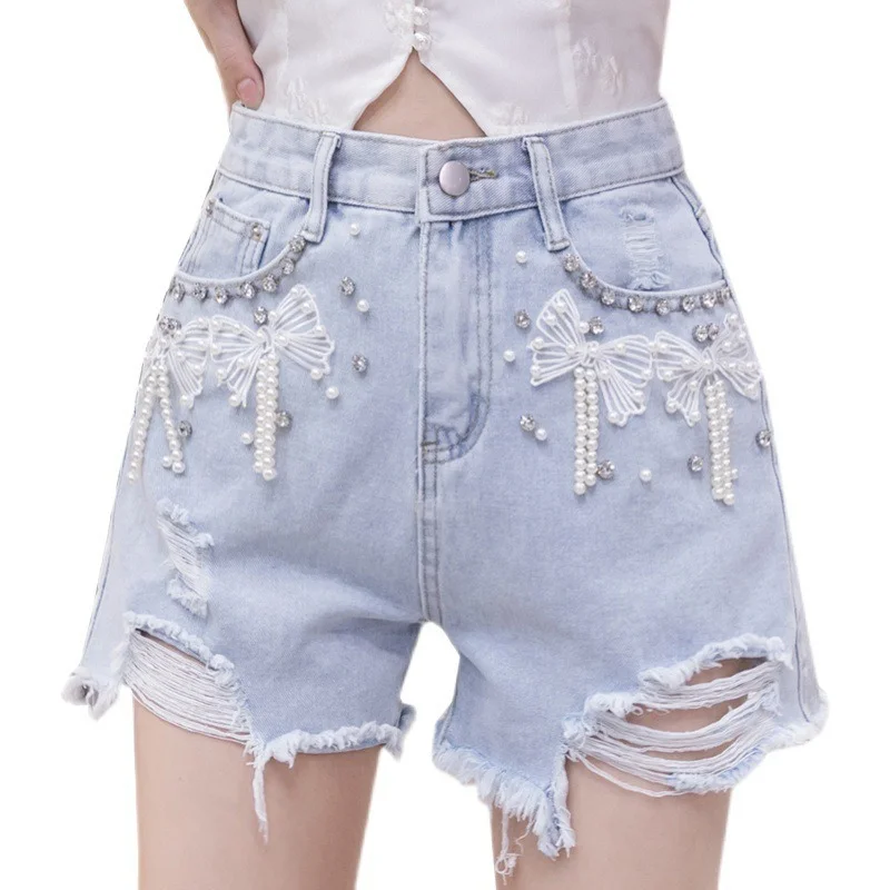 2022 Summer New Ripped Light Blue Denim Shorts Women'S Fashion Design Stitching Beaded Bow High Waist Slim Shorts