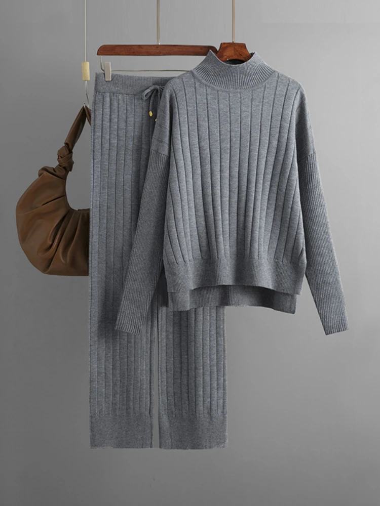 

Set of Two Pieces for Women 2023 Elegant New Knit Sweater Pullovers Solid Turtleneck Trousers Set High Waist Wide Leg Pants Sets