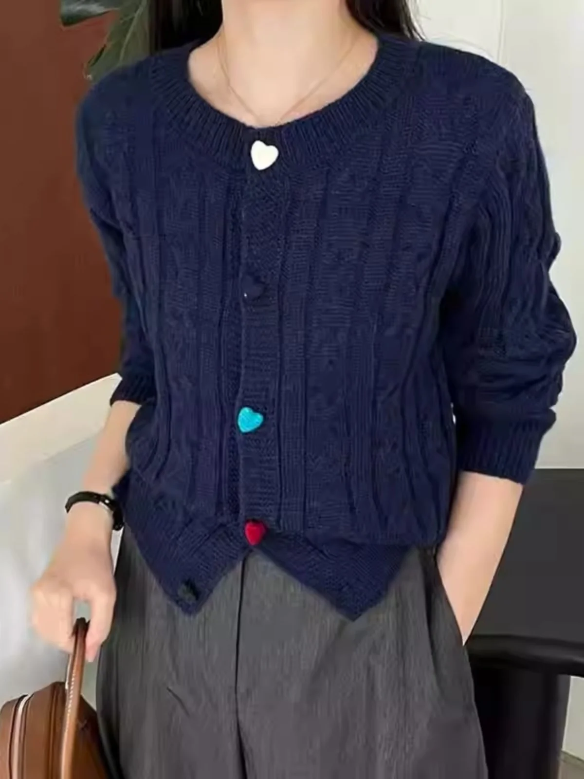 2024 Autumn and Winter All-Matching Retro Twist Color Love Button Solid Round neck sweater Knit cardigan Long sleeve Women's ...