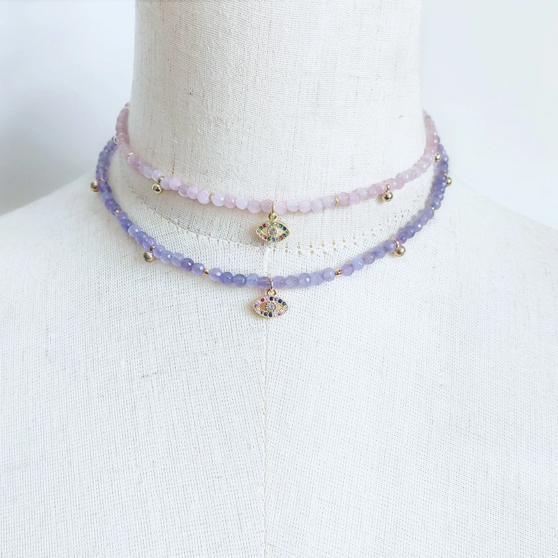 

Faceted Natural Stone Beaded Necklace 18K Gold Pave Cubic Zircon Demon Eye Pendant Jewelry Multiple Colorful Collar Gift