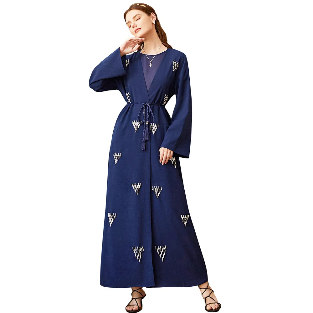 Blue Bleads Open Kimono Women Muslim Abaya Dubai Kaftan Islamic Clothing Evening Party Gown Caftan Marocain Djellaba Eid Ramadan