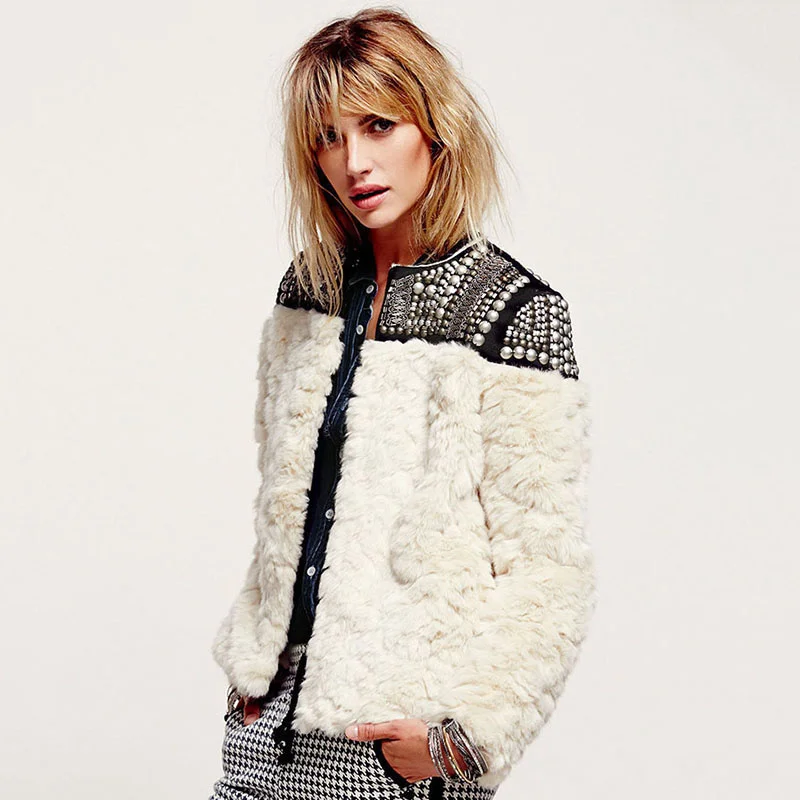 Women Winter Fleece Coat Rabbit 2023 Streetwear Fashion Rivet Beading Design Cotton-padded Fur Jacket