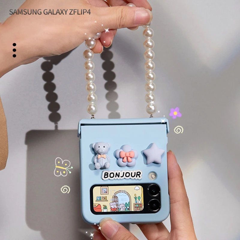 For Samsung Z Flip 4 Case 2022 Original Design New Phone Cover for Samsung Galaxy Z Flip 4 5G Cases Rabbit with Pearl Lanyard